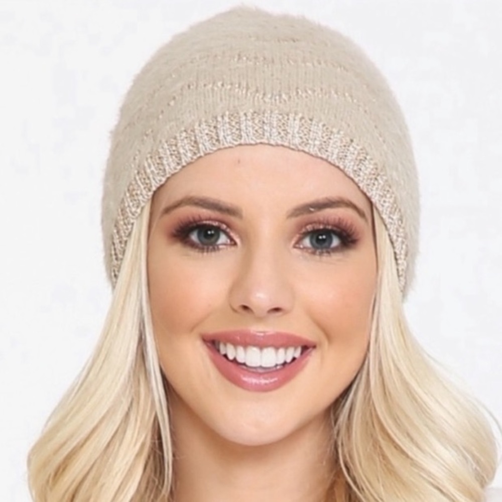 Beige ultra soft fuzzy metallic beanie